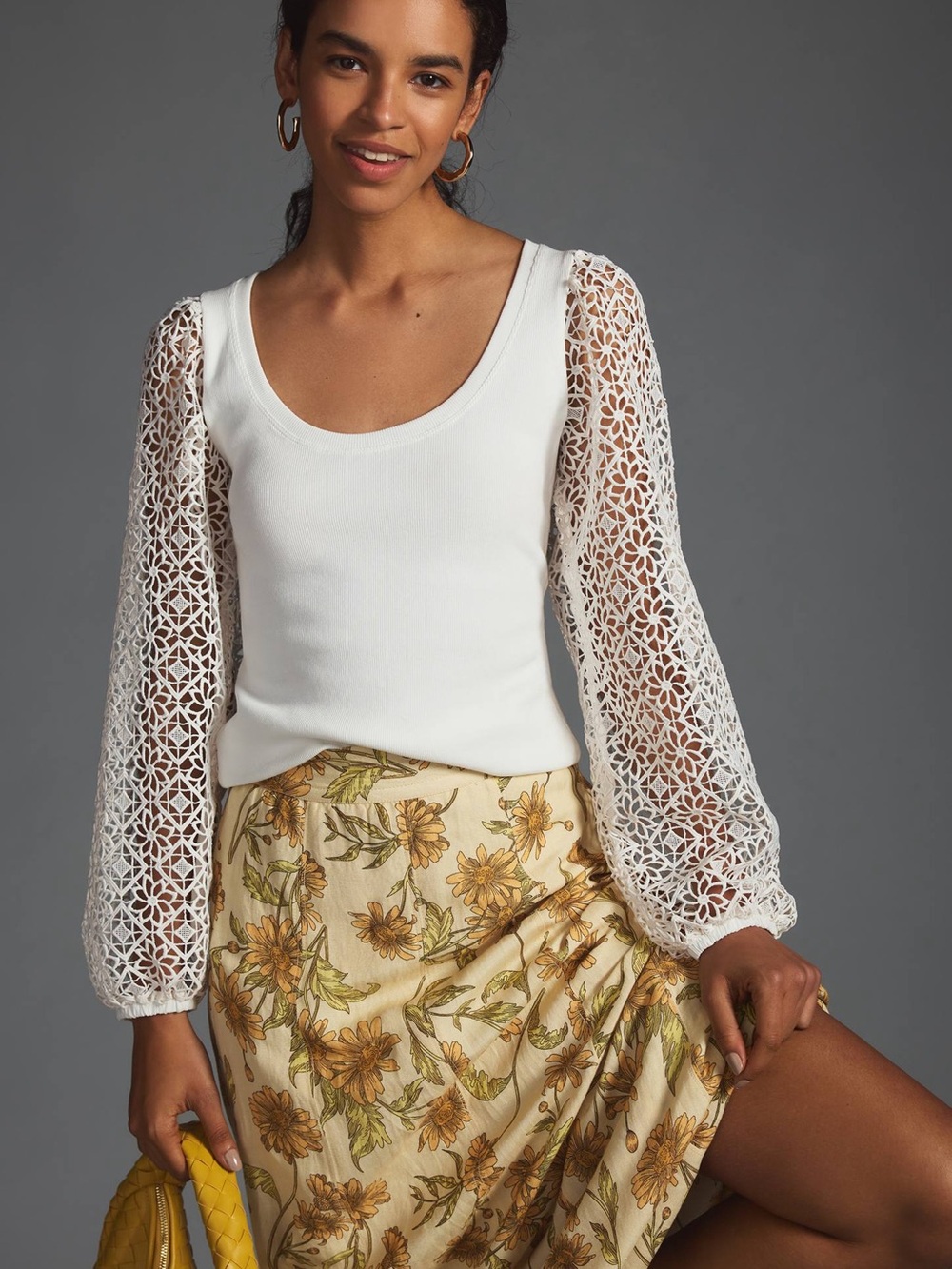 Anthropologie Maeve Lace-Sleeve Ribbed Top - White